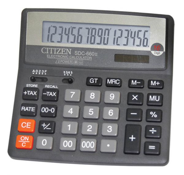 Калькулятор Citizen SDC-660II черный 16-разр. 2-е питание, 000, 00, TAX, mark up, GT, A023F